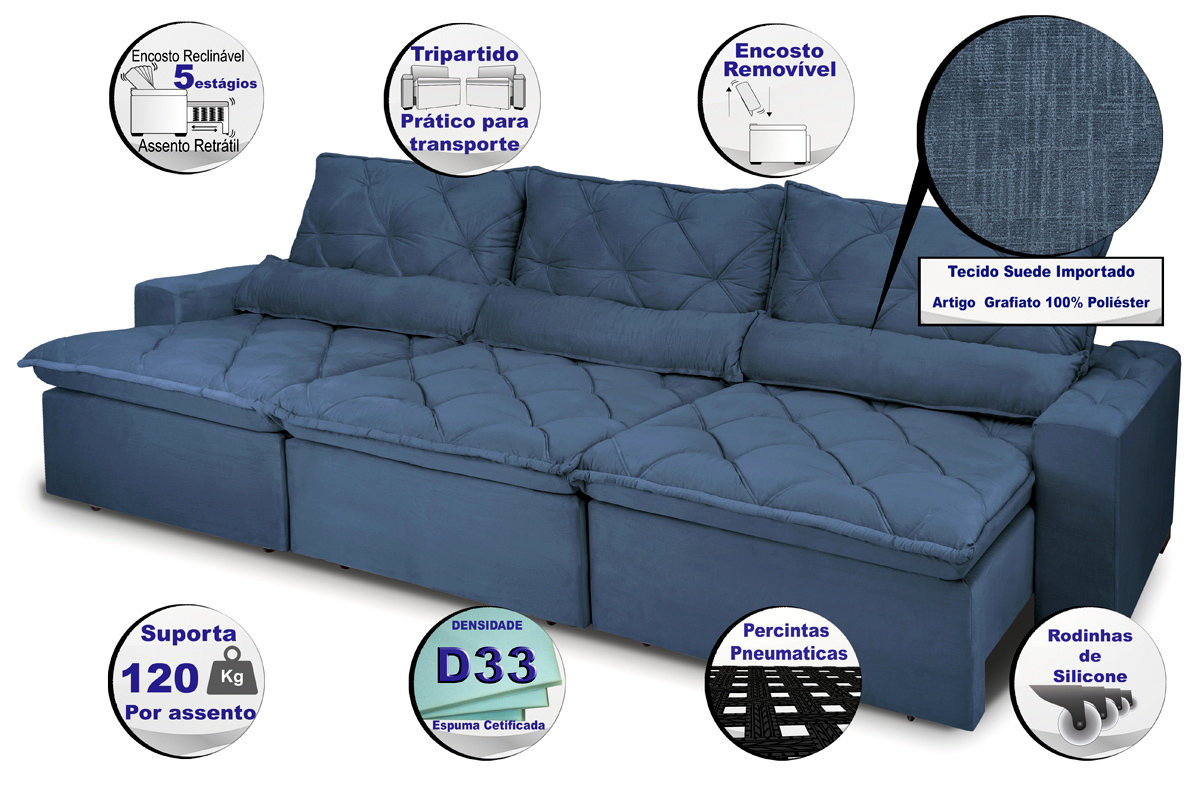 Sofá Lisboa 3,52m Retrátil, Reclinável com Molas no Assento e Almofadas Lombar Tecido Suede Azul