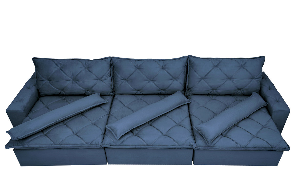Sofá Lisboa 3,52m Retrátil, Reclinável com Molas no Assento e Almofadas Lombar Tecido Suede Azul
