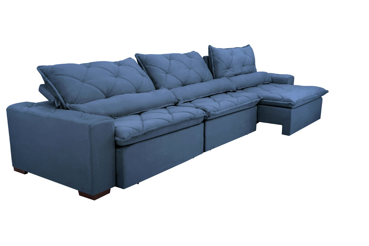 Sofá Lisboa 3,52m Retrátil, Reclinável com Molas no Assento e Almofadas Lombar Tecido Suede Azul