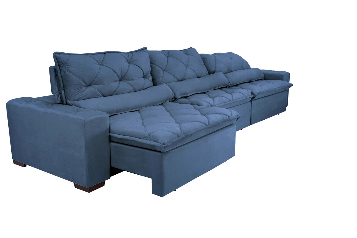 Sofá Lisboa 3,52m Retrátil, Reclinável com Molas no Assento e Almofadas Lombar Tecido Suede Azul
