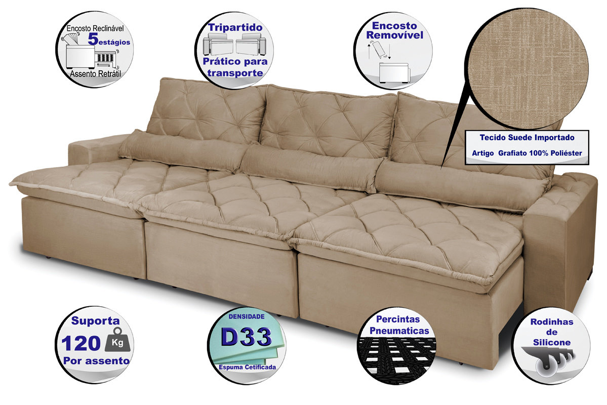 Sofá Lisboa 3,52m Retrátil, Reclinável com Molas no Assento e Almofadas Lombar Tecido Suede Castor
