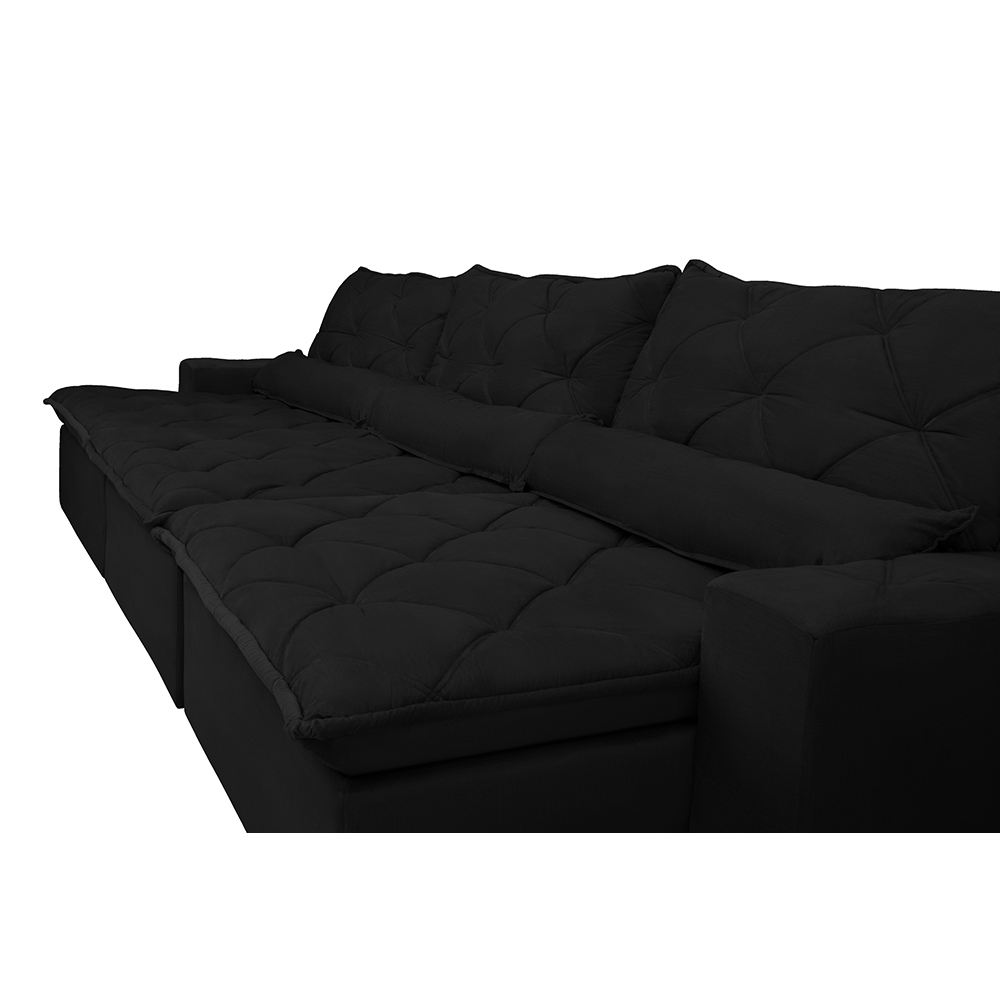 Sofá Lisboa 3,52m Retrátil, Reclinável com Molas no Assento e Almofadas Lombar Tecido Suede Preto