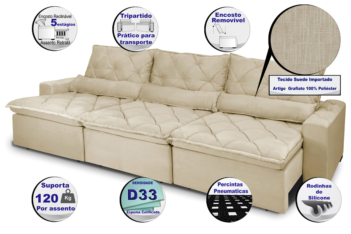 Sofá Lisboa 3,82m Retrátil, Reclinável com Molas no Assento e Almofadas Lombar Tecido Suede Bege