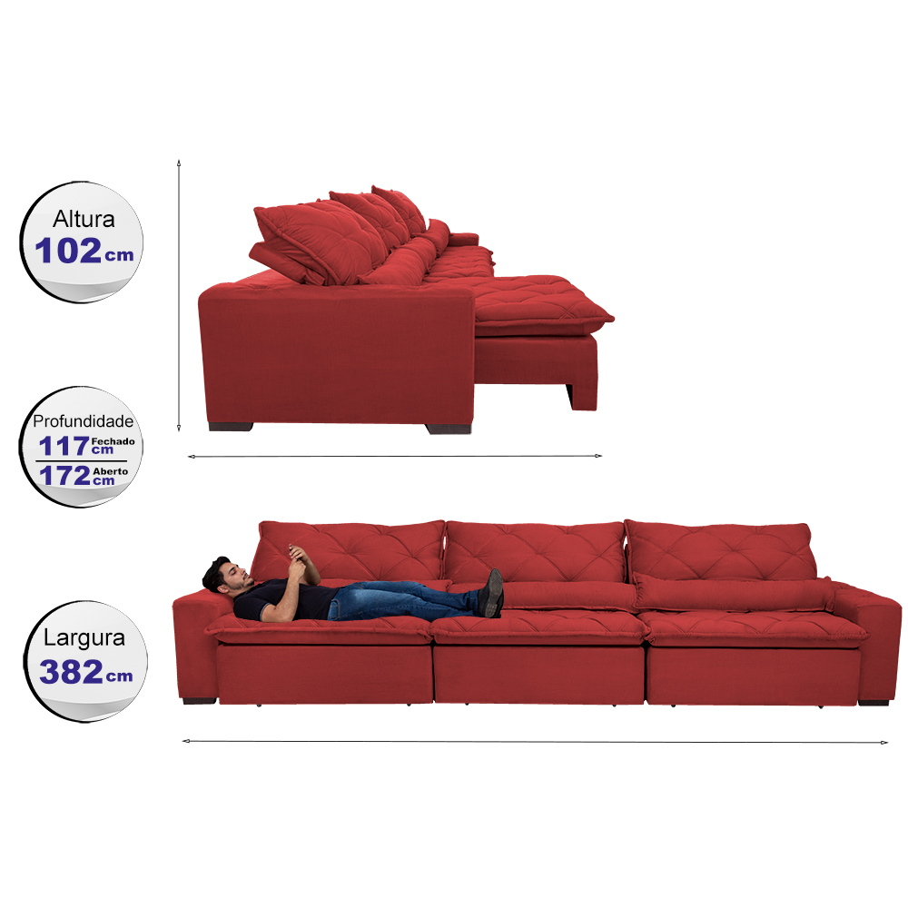 Sofá Lisboa 3,82m Retrátil, Reclinável, Molas no Assento e Almofadas Lombar Tecido Suede Vermelho