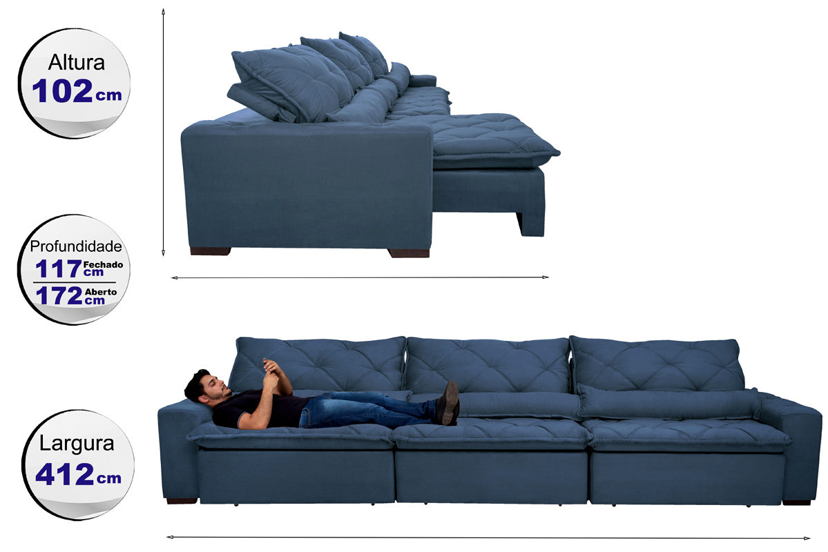 Sofá Lisboa 4,12m Retrátil, Reclinável com Molas no Assento e Almofadas Lombar Tecido Suede Azul