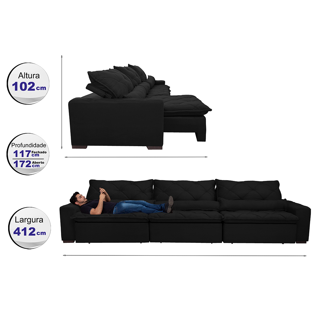 Sofá Lisboa 4,12m Retrátil, Reclinável com Molas no Assento e Almofadas Lombar Tecido Suede Preto