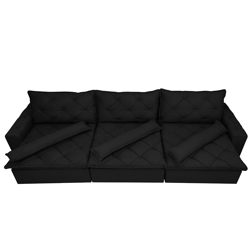 Sofá Lisboa 4,12m Retrátil, Reclinável com Molas no Assento e Almofadas Lombar Tecido Suede Preto