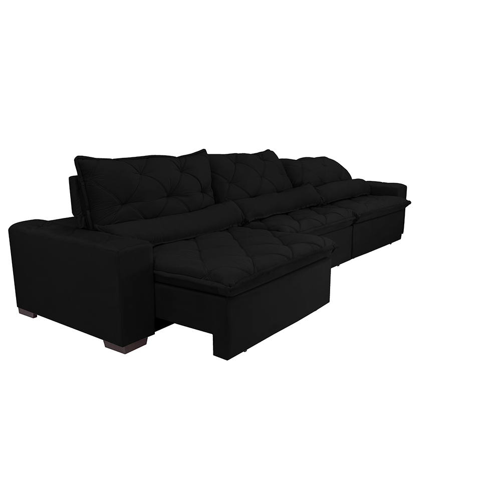Sofá Lisboa 4,12m Retrátil, Reclinável com Molas no Assento e Almofadas Lombar Tecido Suede Preto