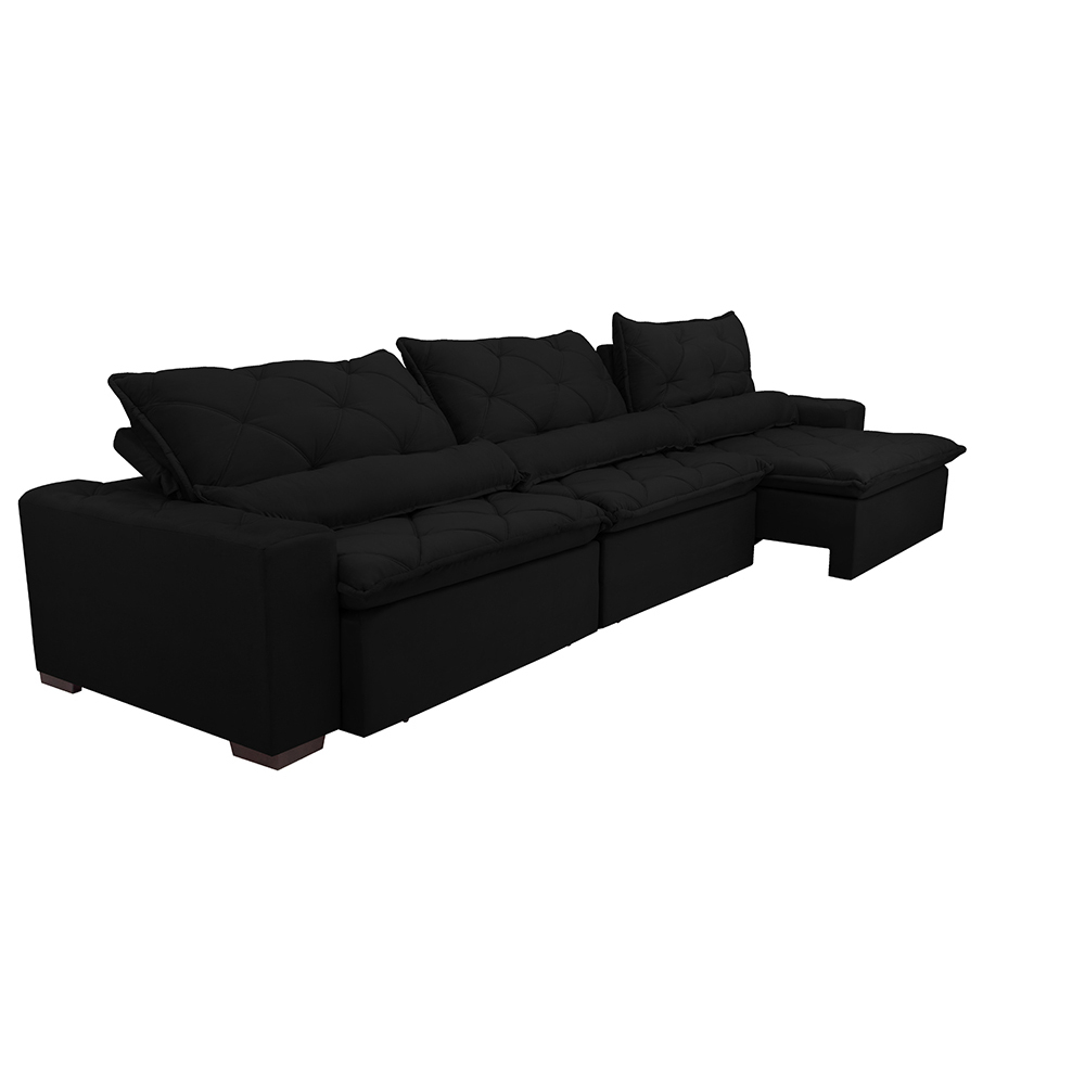 Sofá Lisboa 4,12m Retrátil, Reclinável com Molas no Assento e Almofadas Lombar Tecido Suede Preto