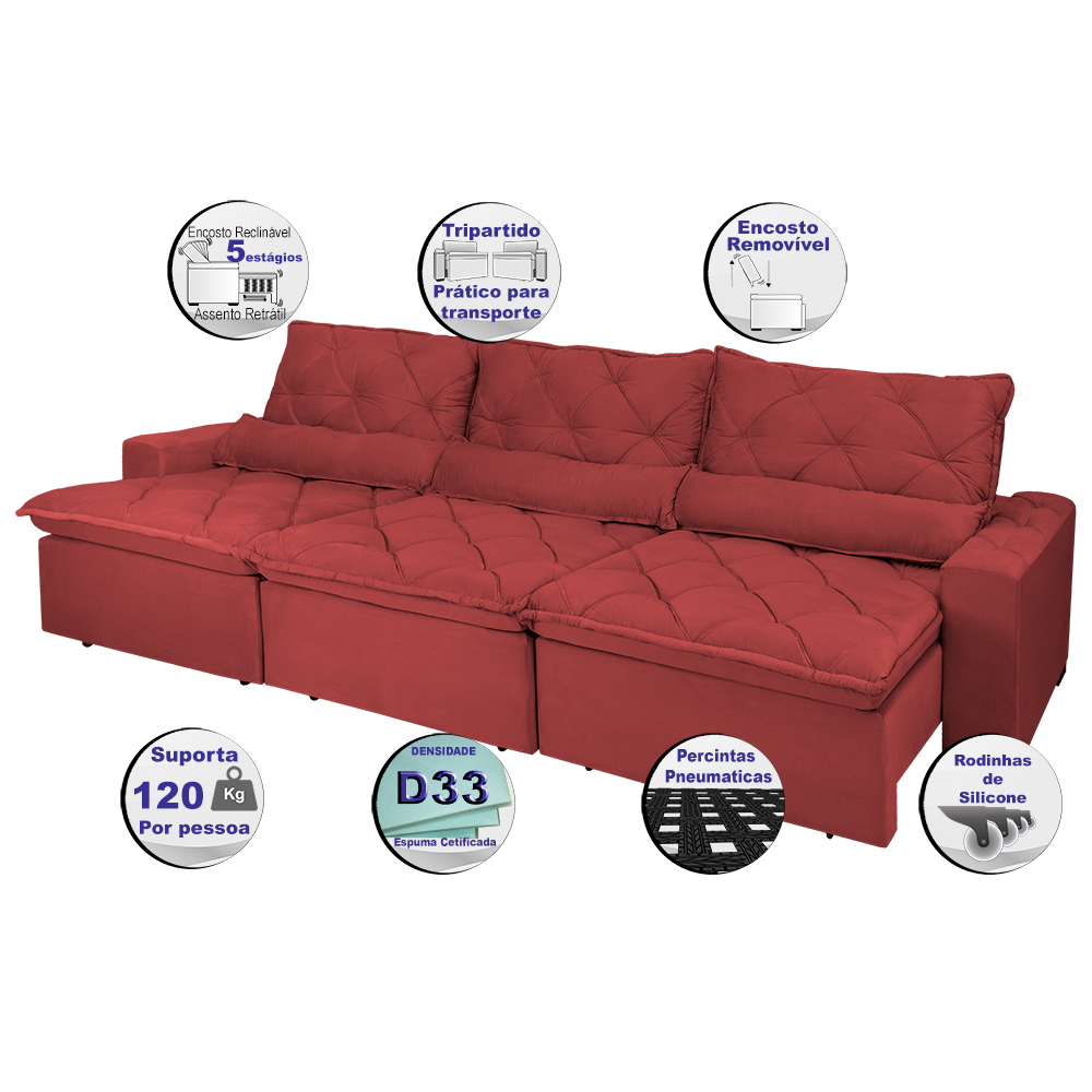 Sofá Lisboa 4,12m Retrátil, Reclinável, Molas no Assento e Almofadas Lombar Tecido Suede Vermelho