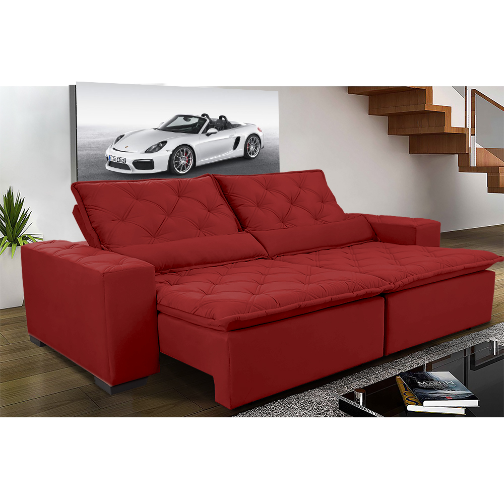 Sofá Magnum 2,02m Retrátil, Reclinável, Molas no Assento e Almofadas Lombar Suede Vermelho Cama InBox