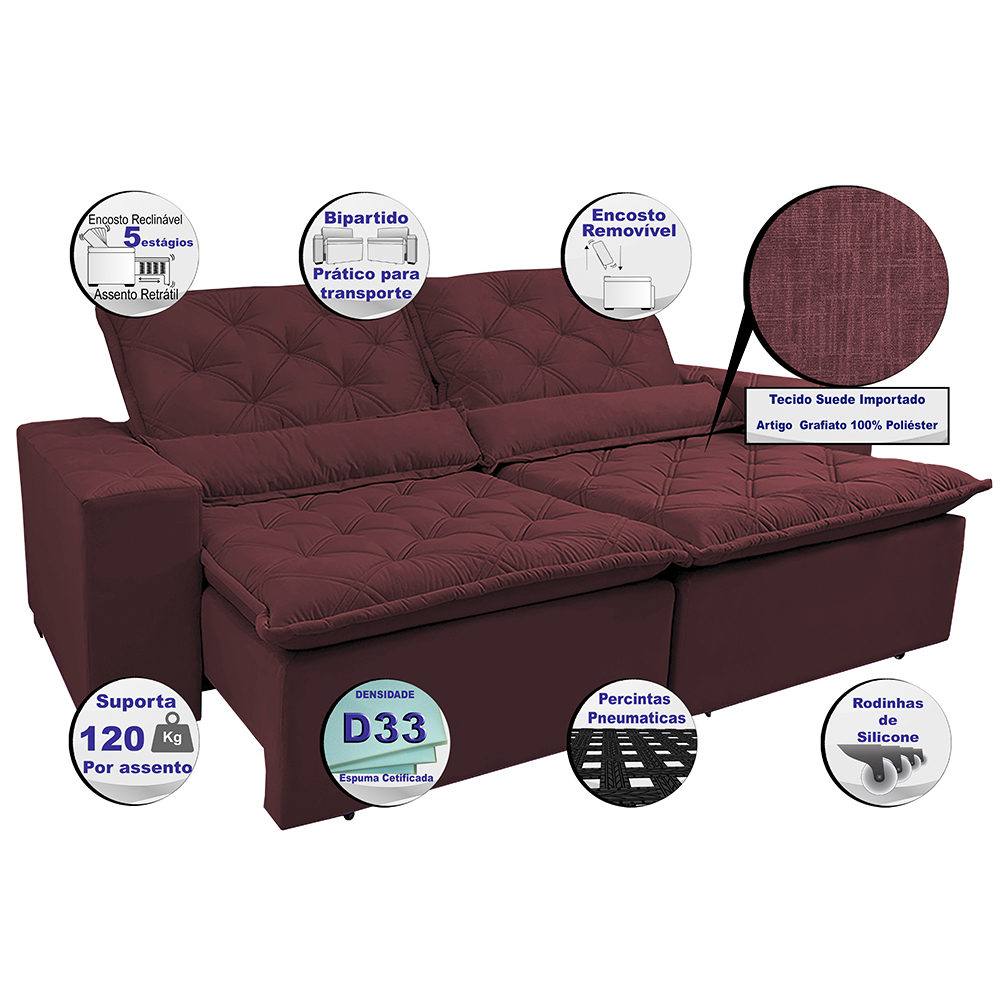 Sofá Magnum 2,42m Retrátil, Reclinável com Molas no Assento e Almofadas Lombar Tecido Suede Velusoft Vinho - Cama InBox