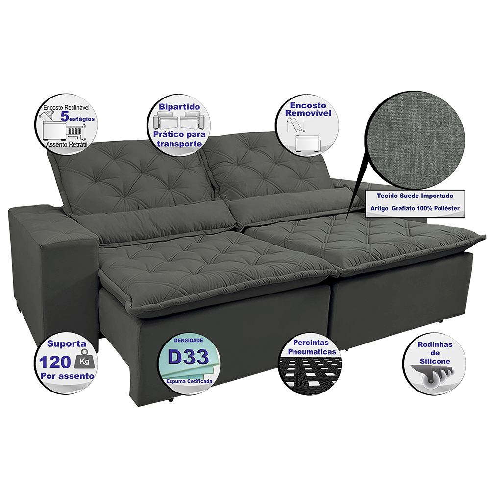Sofá Magnum 2,62m Retrátil, Reclinável com Molas no Assento e Almofadas Lombar Tecido Suede Grafite - Cama InBox
