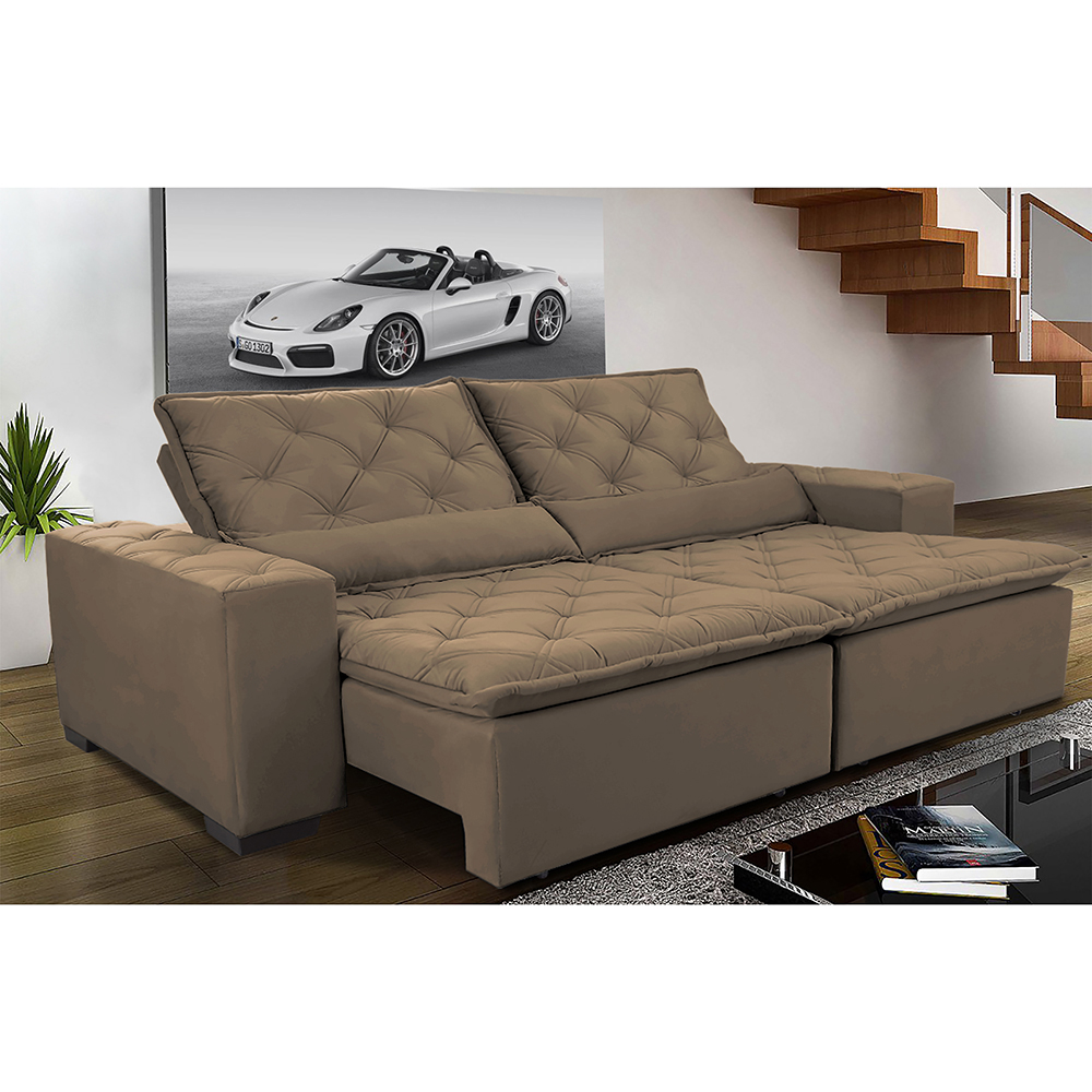 Sofá Magnum 2,62m Retrátil, Reclinável com Molas no Assento e Almofadas Lombar Tecido Suede Velusoft Castor - Cama InBox