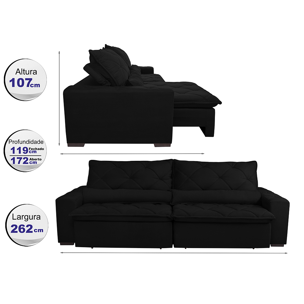 Sofá Magnum 2,62m Retrátil, Reclinável com Molas no Assento e Almofadas Lombar Tecido Suede Velusoft Preto - Cama InBox