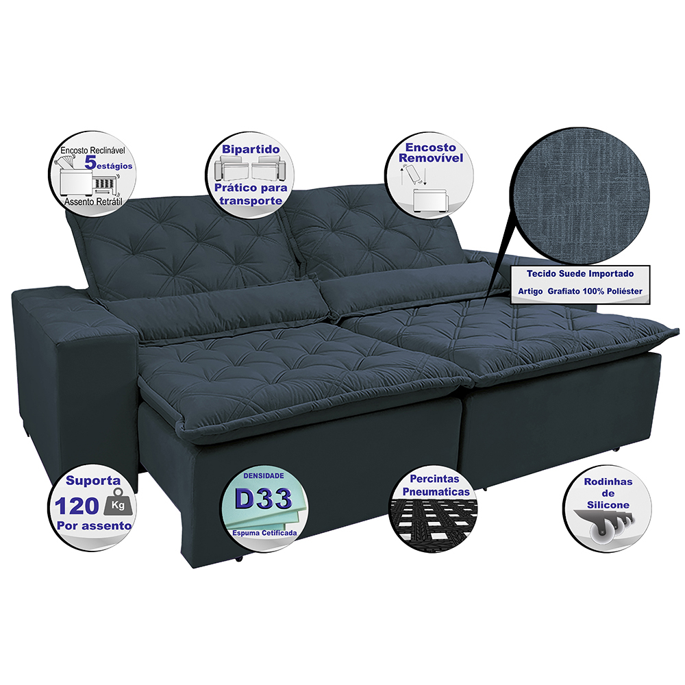 Sofá Magnum 2,82m Retrátil, Reclinável com Molas no Assento e Almofadas Lombar Tecido Suede Azul - Cama InBox