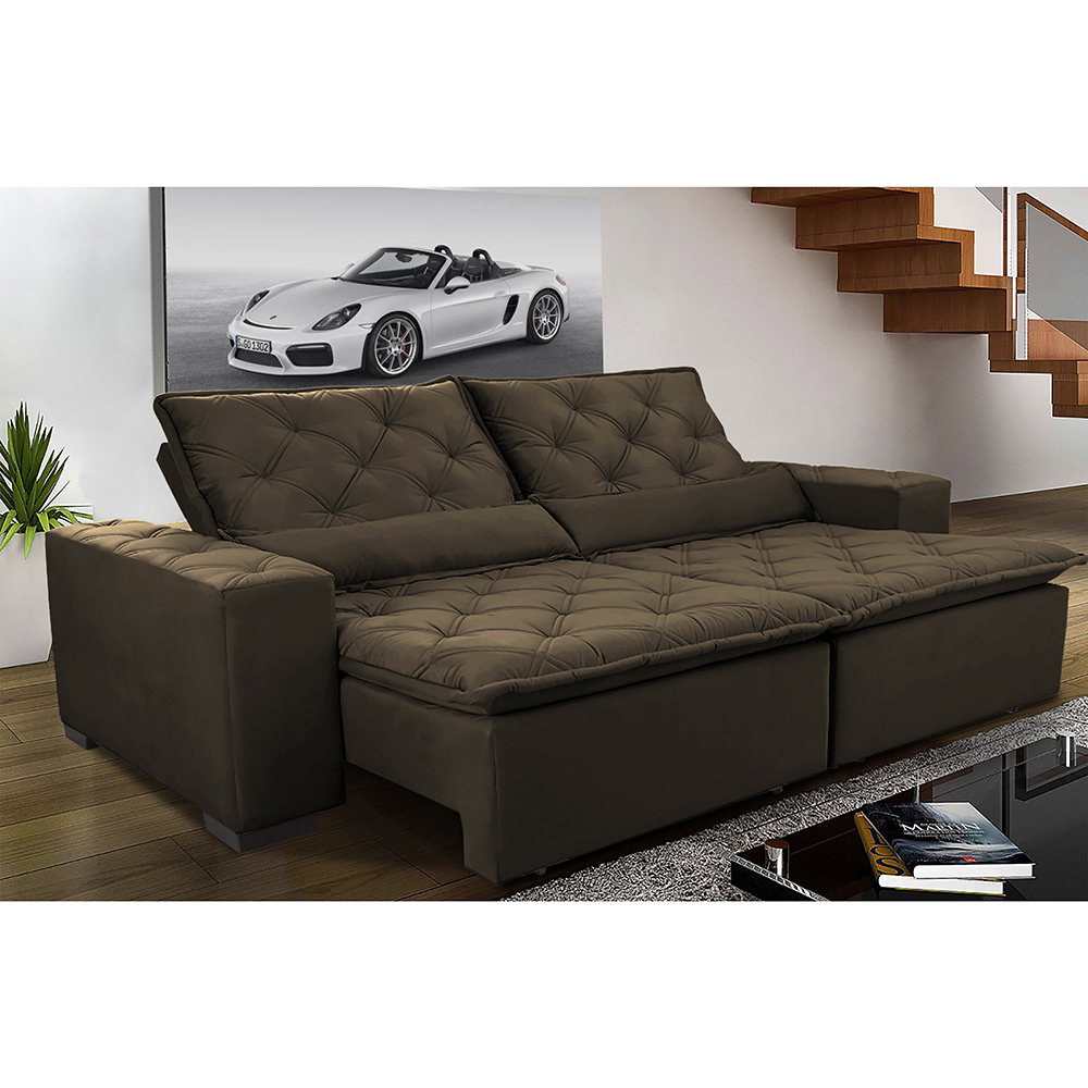 Sofá Magnum 2,82m Retrátil, Reclinável com Molas no Assento e Almofadas Lombar Tecido Suede Café - Cama InBox