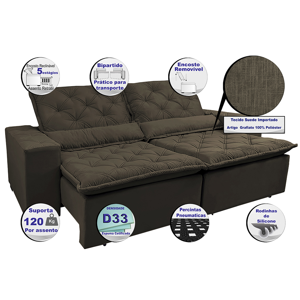 Sofá Magnum 2,82m Retrátil, Reclinável com Molas no Assento e Almofadas Lombar Tecido Suede Café - Cama InBox