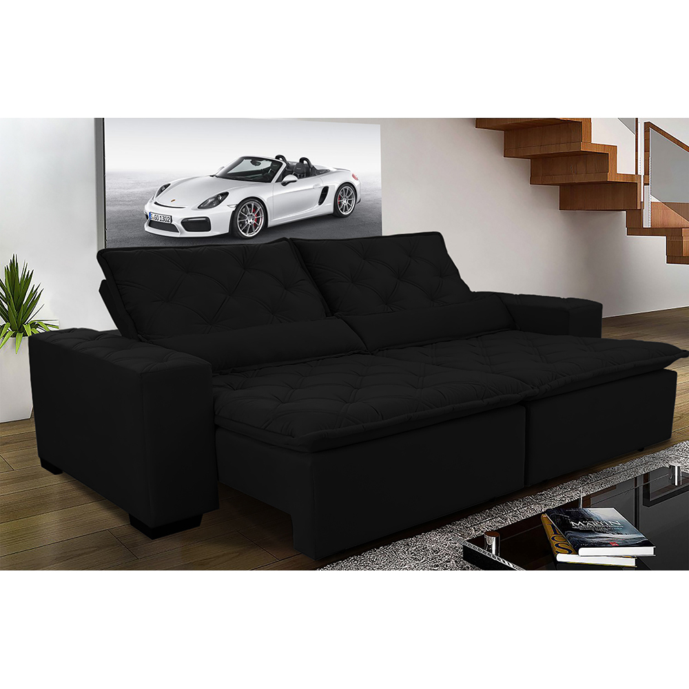 Sofá Magnum 2,82m Retrátil, Reclinável com Molas no Assento e Almofadas Lombar Tecido Suede Velusoft Preto - Cama InBox