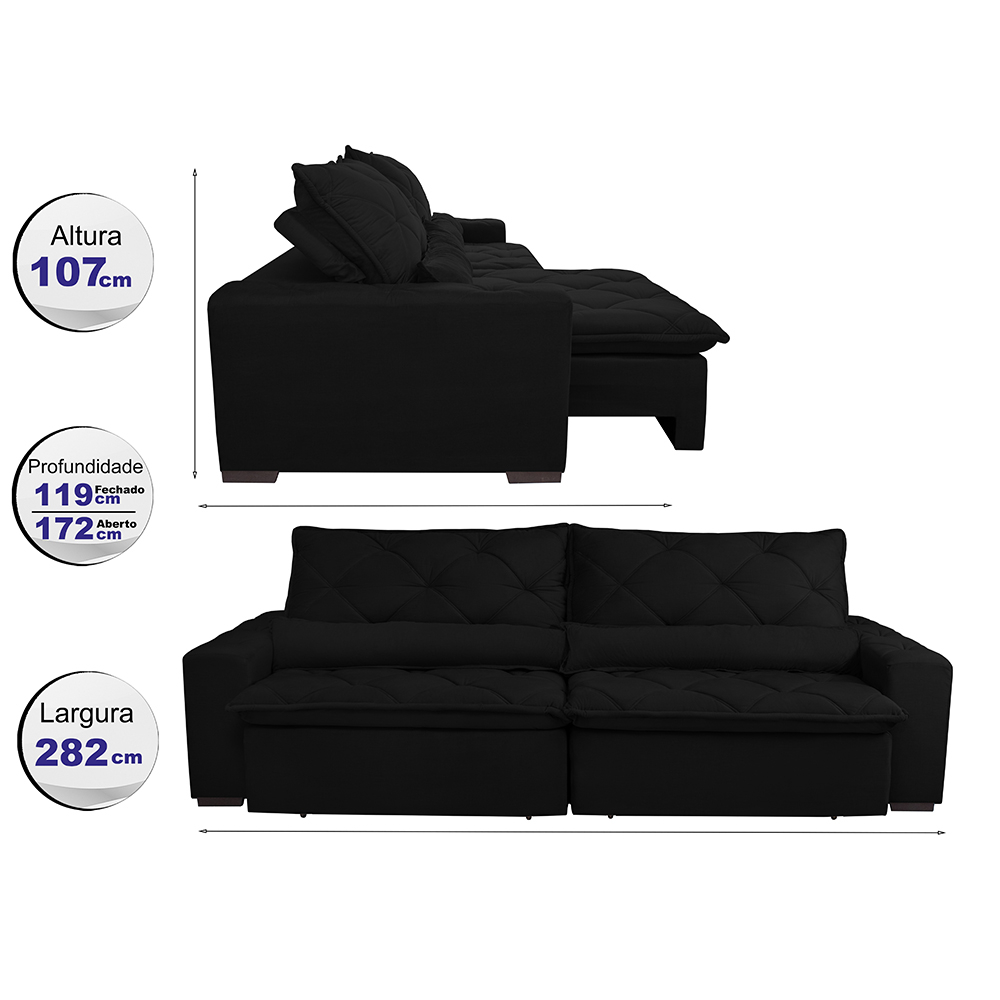Sofá Magnum 2,82m Retrátil, Reclinável com Molas no Assento e Almofadas Lombar Tecido Suede Velusoft Preto - Cama InBox