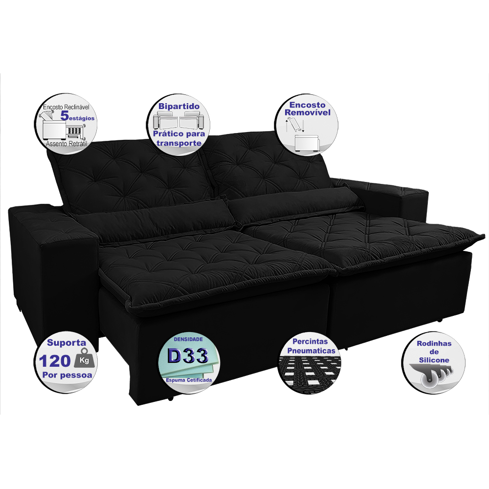 Sofá Magnum 2,82m Retrátil, Reclinável com Molas no Assento e Almofadas Lombar Tecido Suede Velusoft Preto - Cama InBox