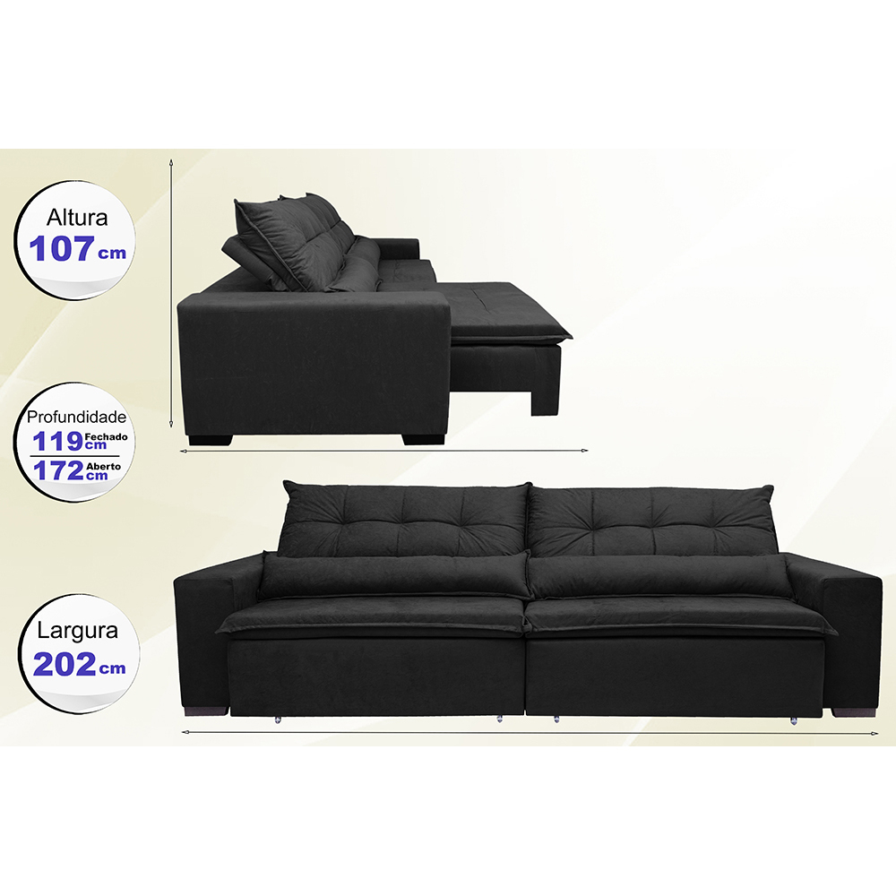 Sofá Montenegro 2,02 Mts Retrátil, Reclinável com Molas no Assento e 2 Almofadas Lombar Tecido Suede Preto - Siena Moveis