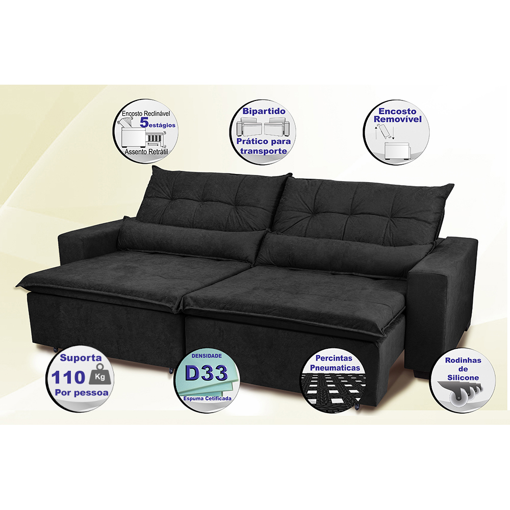 Sofá Montenegro 2,12 Mts Retrátil, Reclinável com Molas no Assento e 2 Almofadas Lombar Tecido Suede Preto - Siena Moveis