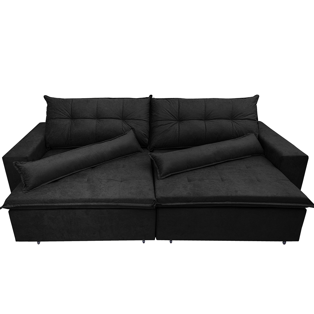 Sofá Montenegro 2,12 Mts Retrátil, Reclinável com Molas no Assento e 2 Almofadas Lombar Tecido Suede Preto - Siena Moveis
