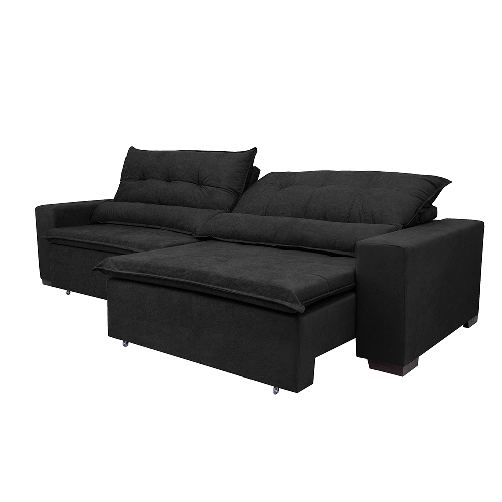 Sofá Montenegro 2,12 Mts Retrátil, Reclinável com Molas no Assento e 2 Almofadas Lombar Tecido Suede Preto - Siena Moveis