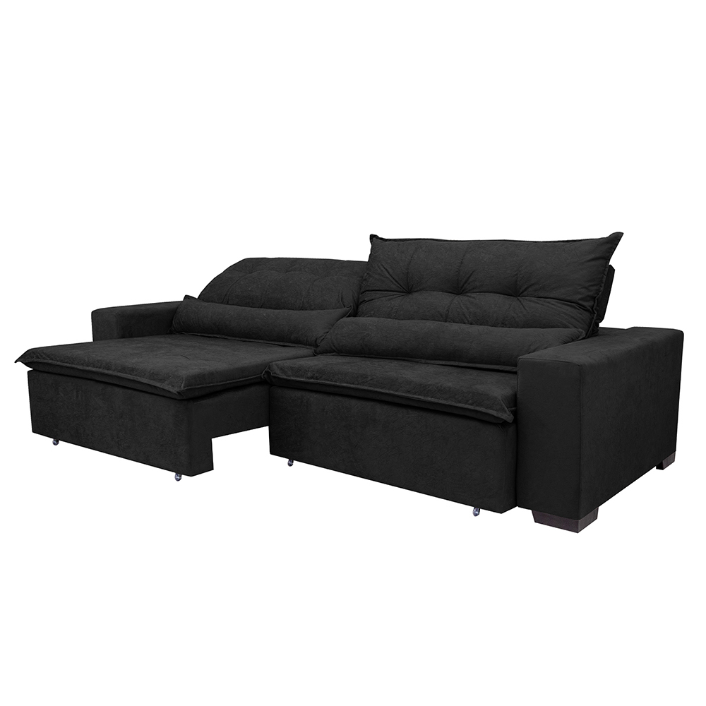 Sofá Montenegro 2,12 Mts Retrátil, Reclinável com Molas no Assento e 2 Almofadas Lombar Tecido Suede Preto - Siena Moveis