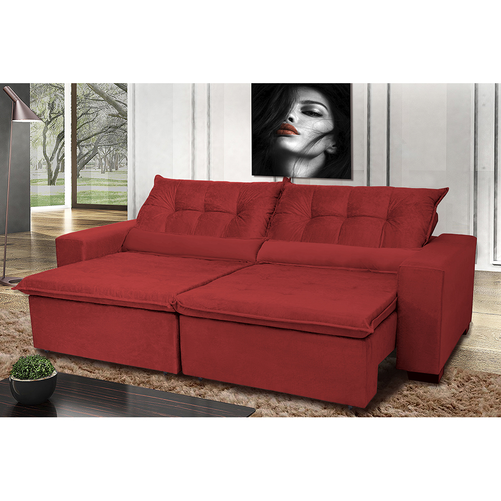 Sofá Montenegro 2,22 Mts Retrátil, Reclinável com Molas no Assento e 2 Almofadas Lombar Tecido Suede Vermelho - Siena Moveis