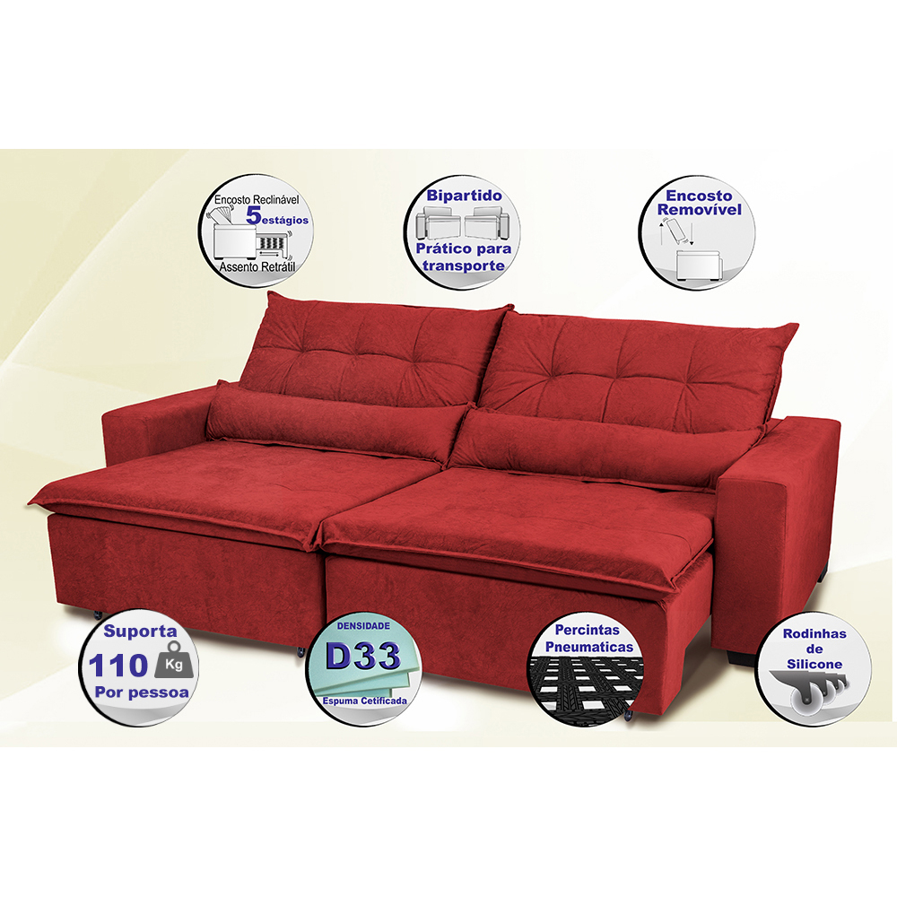 Sofá Montenegro 2,22 Mts Retrátil, Reclinável com Molas no Assento e 2 Almofadas Lombar Tecido Suede Vermelho - Siena Moveis