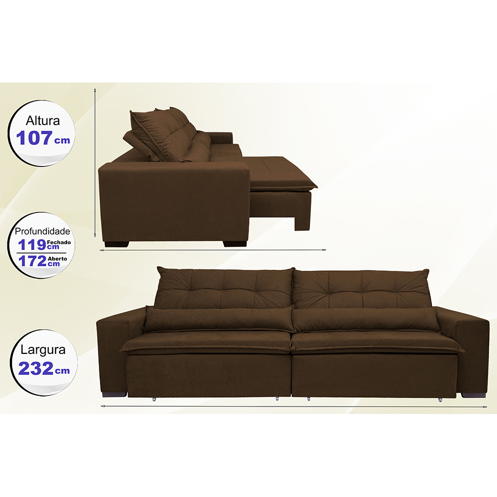 Sofá Montenegro 2,32 Mts Retrátil, Reclinável com Molas no Assento e 2 Almofadas Lombar Tecido Suede Café - Siena Moveis