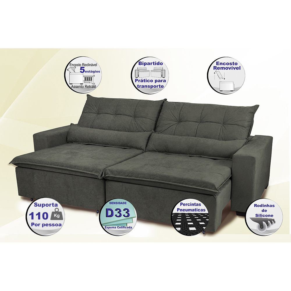 Sofá Montenegro 2,32 Mts Retrátil, Reclinável com Molas no Assento e 2 Almofadas Lombar Tecido Suede Cinza - Siena Moveis