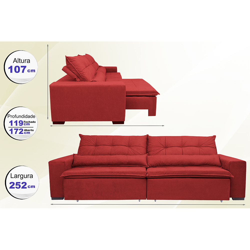 Sofá Montenegro 2,52 Mts Retrátil, Reclinável com Molas no Assento e 2 Almofadas Lombar Tecido Suede Vermelho - Siena Moveis