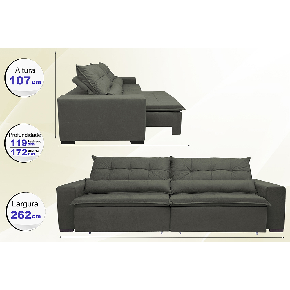 Sofá Montenegro 2,62 Mts Retrátil, Reclinável com Molas no Assento e 2 Almofadas Lombar Tecido Suede Cinza - Siena Moveis