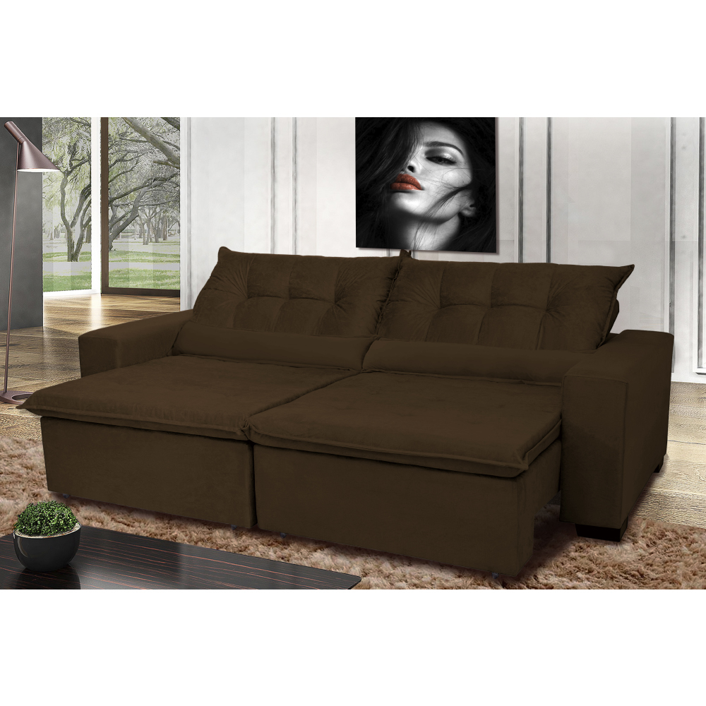 Sofá Montenegro 2,72 Mts Retrátil, Reclinável com Molas no Assento e 2 Almofadas Lombar Tecido Suede Café - Siena Moveis