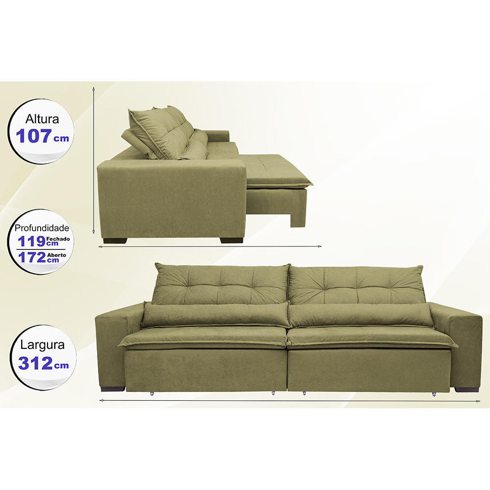Sofá Montenegro 3,12 Mts Retrátil, Reclinável com Molas no Assento e 2 Almofadas Lombar Tecido Suede Castor - Siena Moveis