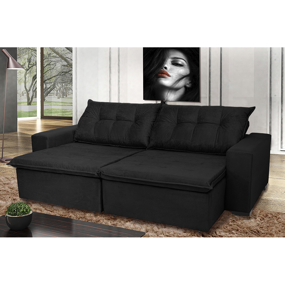 Sofá Montenegro 3,12 Mts Retrátil, Reclinável com Molas no Assento e 2 Almofadas Lombar Tecido Suede Preto - Siena Moveis