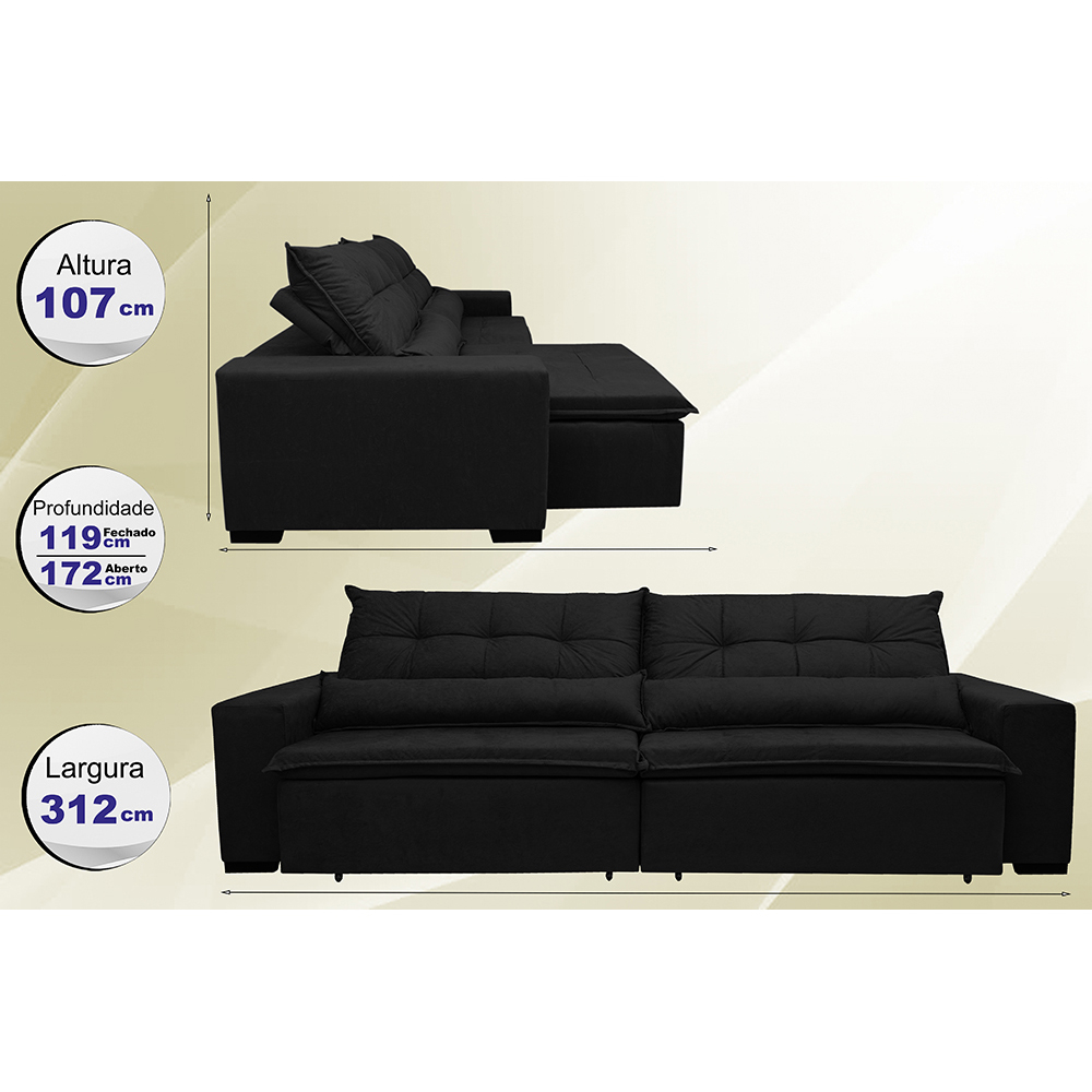 Sofá Montenegro 3,12 Mts Retrátil, Reclinável com Molas no Assento e 2 Almofadas Lombar Tecido Suede Preto - Siena Moveis