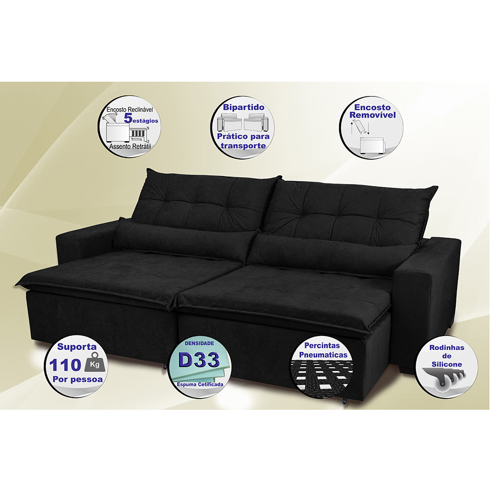 Sofá Montenegro 3,12 Mts Retrátil, Reclinável com Molas no Assento e 2 Almofadas Lombar Tecido Suede Preto - Siena Moveis