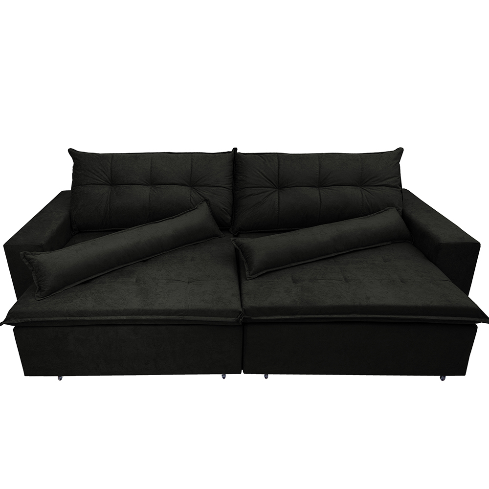 Sofá Montenegro 3,12 Mts Retrátil, Reclinável com Molas no Assento e 2 Almofadas Lombar Tecido Suede Preto - Siena Moveis