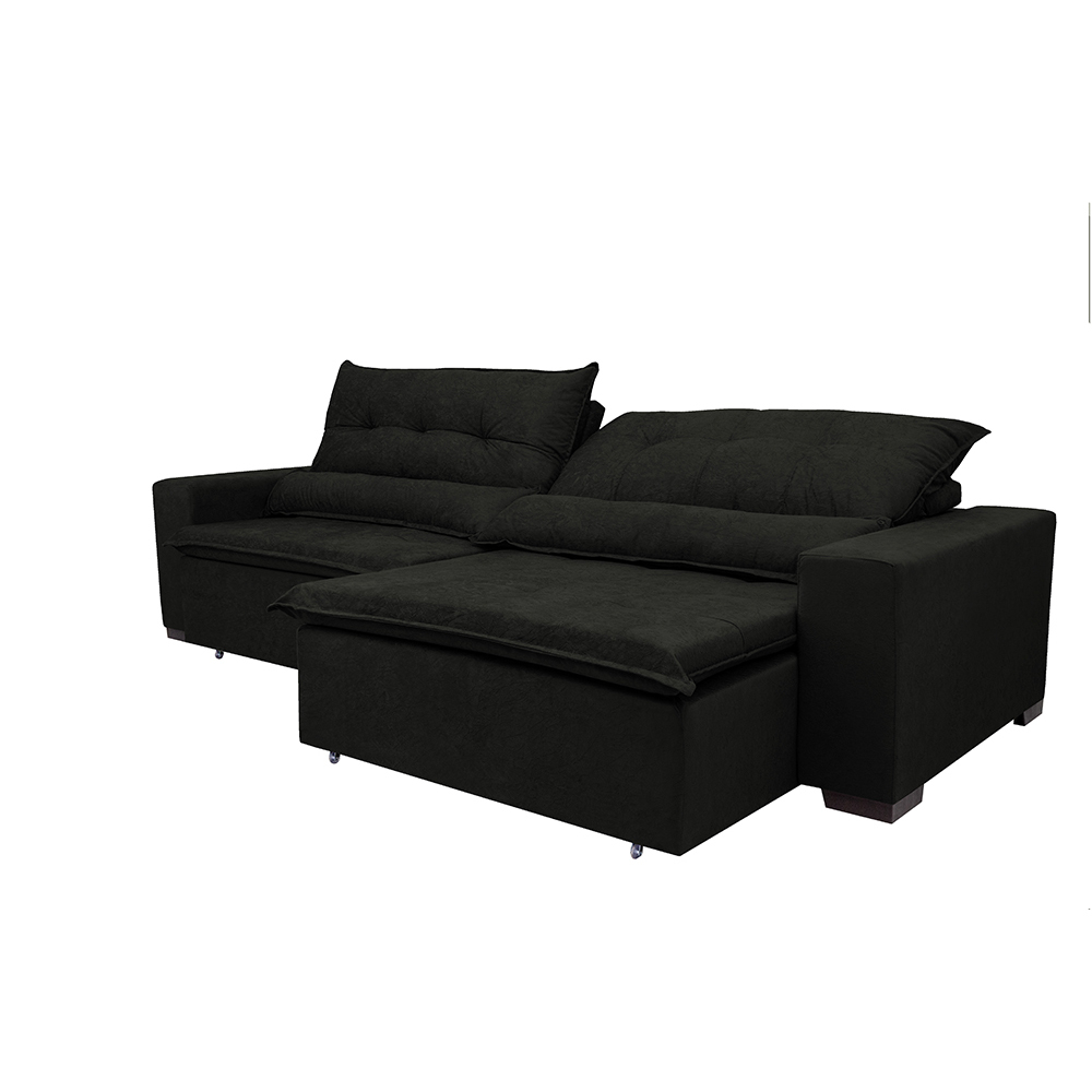 Sofá Montenegro 3,12 Mts Retrátil, Reclinável com Molas no Assento e 2 Almofadas Lombar Tecido Suede Preto - Siena Moveis
