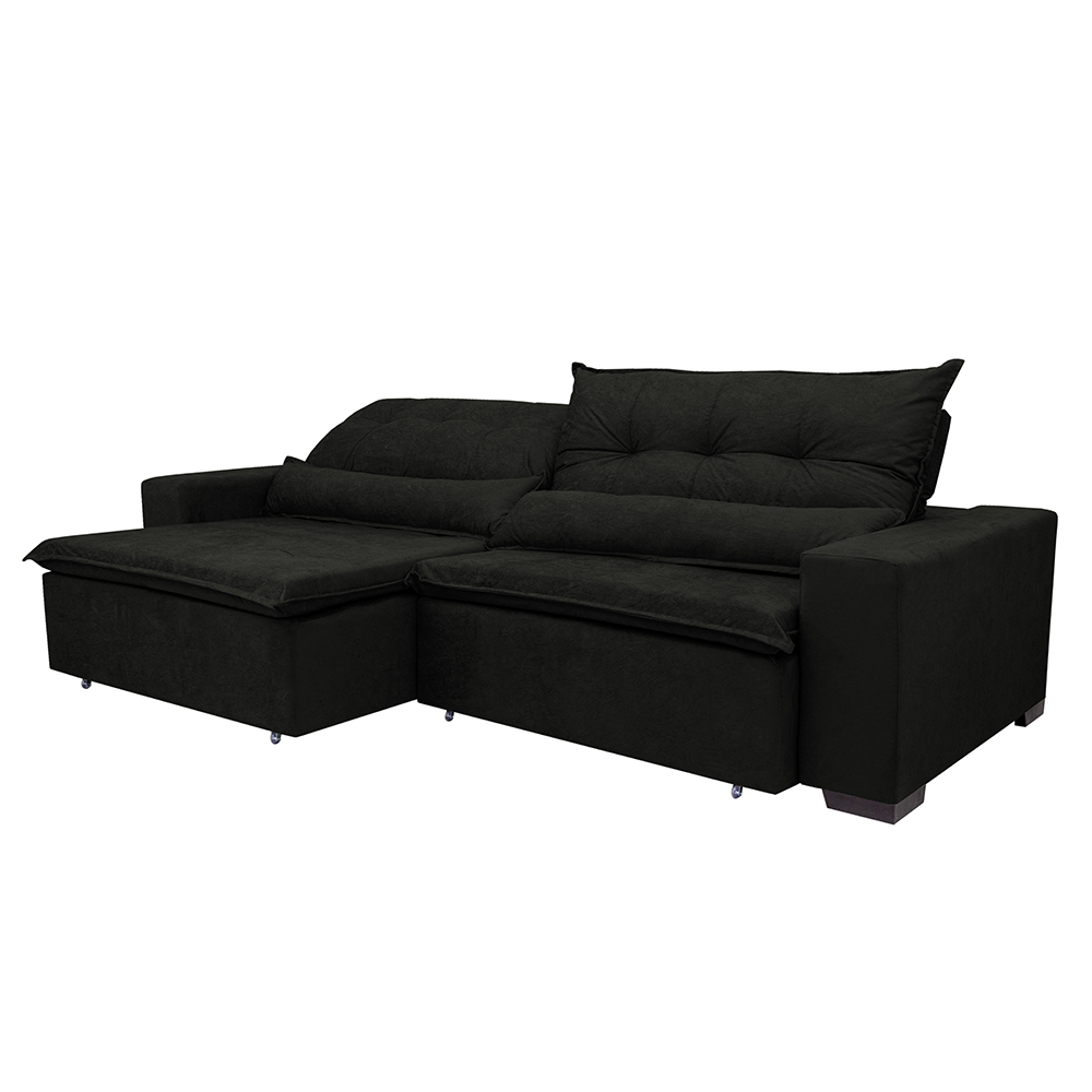 Sofá Montenegro 3,12 Mts Retrátil, Reclinável com Molas no Assento e 2 Almofadas Lombar Tecido Suede Preto - Siena Moveis