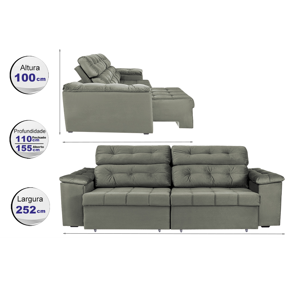 Sofá New Itália 2,52 Mts Retrátil e Reclinável Tecido Suede Cinza - Cama InBox