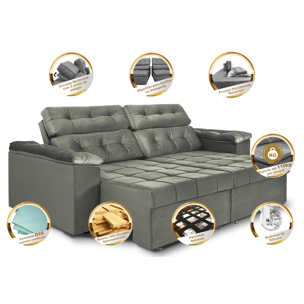 Sofá New Itália 2,52 Mts Retrátil e Reclinável Tecido Suede Cinza - Cama InBox