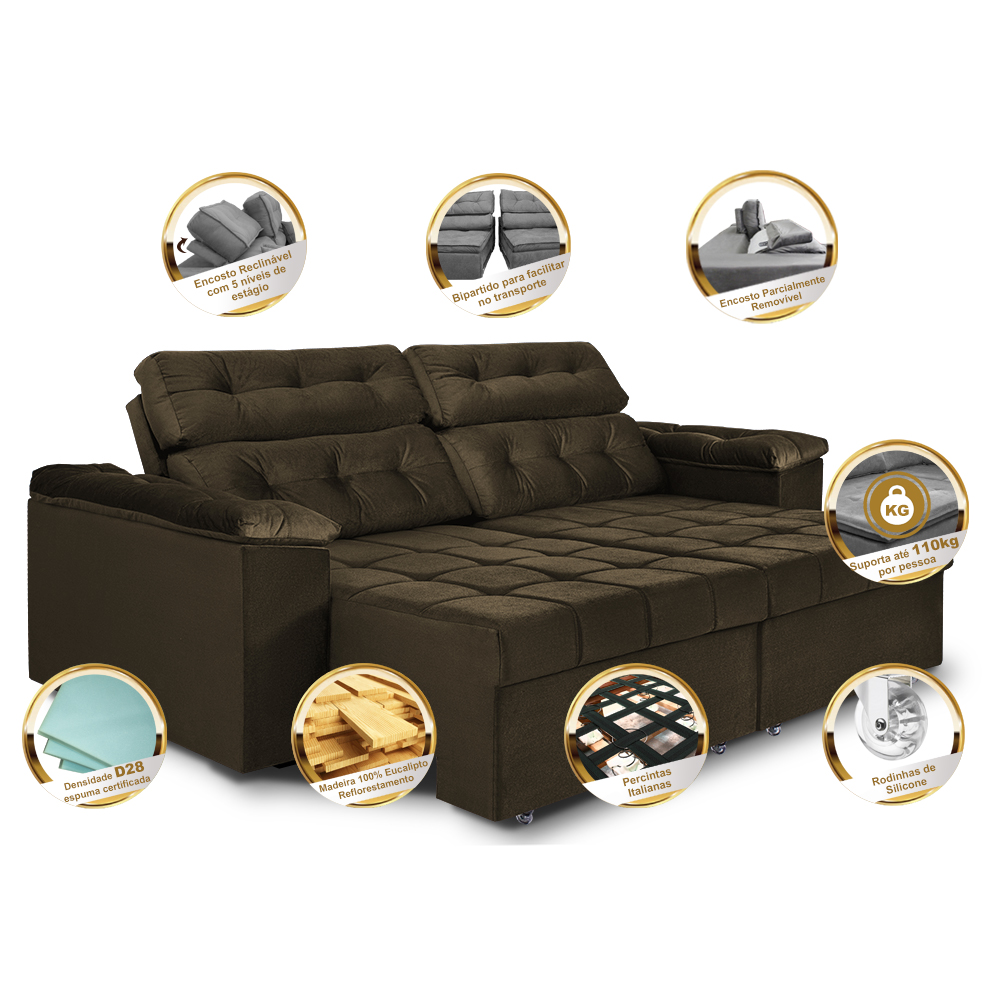 Sofá New Itália 2,52 Mts Retrátil e Reclinável Tecido Suede Marrom Café - Cama InBox