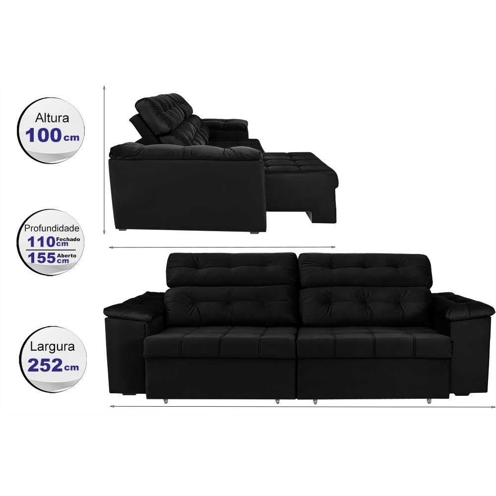 Sofá New Itália 2,52 Mts Retrátil e Reclinável Tecido Suede Preto- Cama InBox