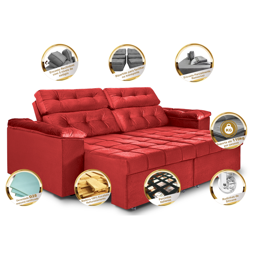 Sofá New Itália 2,52 Mts Retrátil e Reclinável Tecido Suede Vermelho - Cama InBox