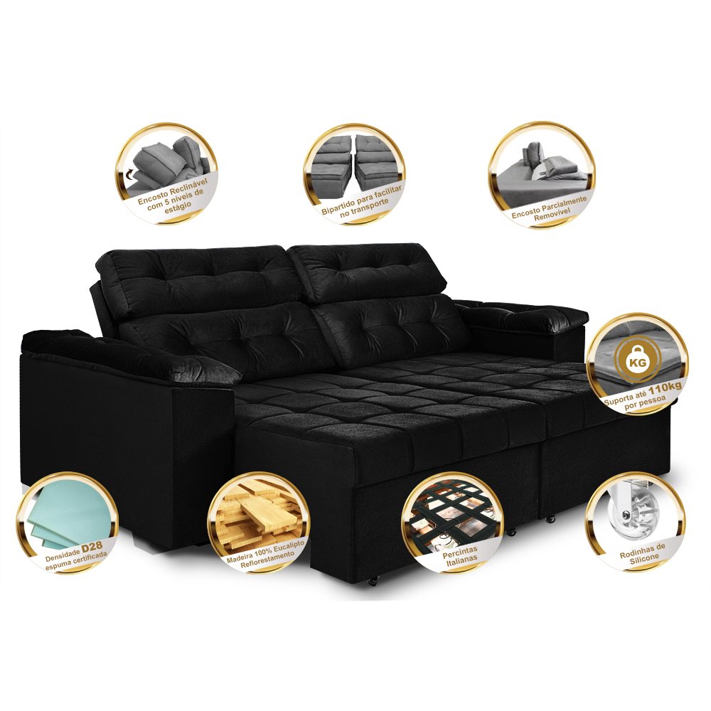 Sofá New Itália 2,72 Mts Retrátil e Reclinável Tecido Suede Preto- Cama InBox
